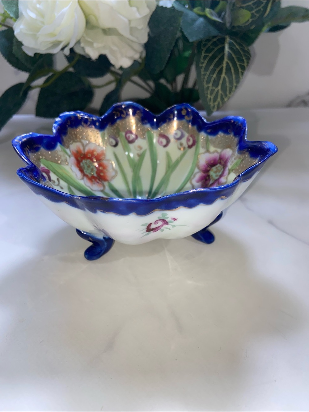 Vintage Hand-Painted Floral Ceramic Blue Rim Footed Candy Trinket Tray